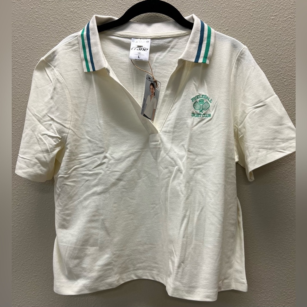 Crane - NEW with Tags - Large - Cream Polo Top with Green Trim -“pickleball top”